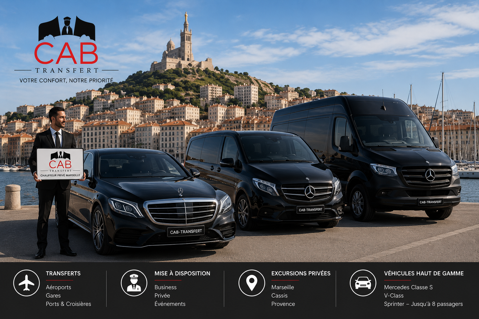 Chauffeur privé Marseille CAB-TRANSFERT devant une flotte de véhicules Mercedes premium